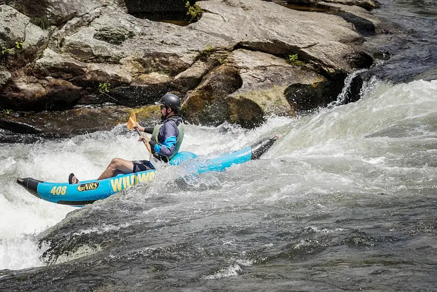 Kayakers play on the Chattooga River on the Sumter National Forest, Andrew Pickens Ranger District, April 16, 2023. (USDA Forest Service photo by Scott Raymond)